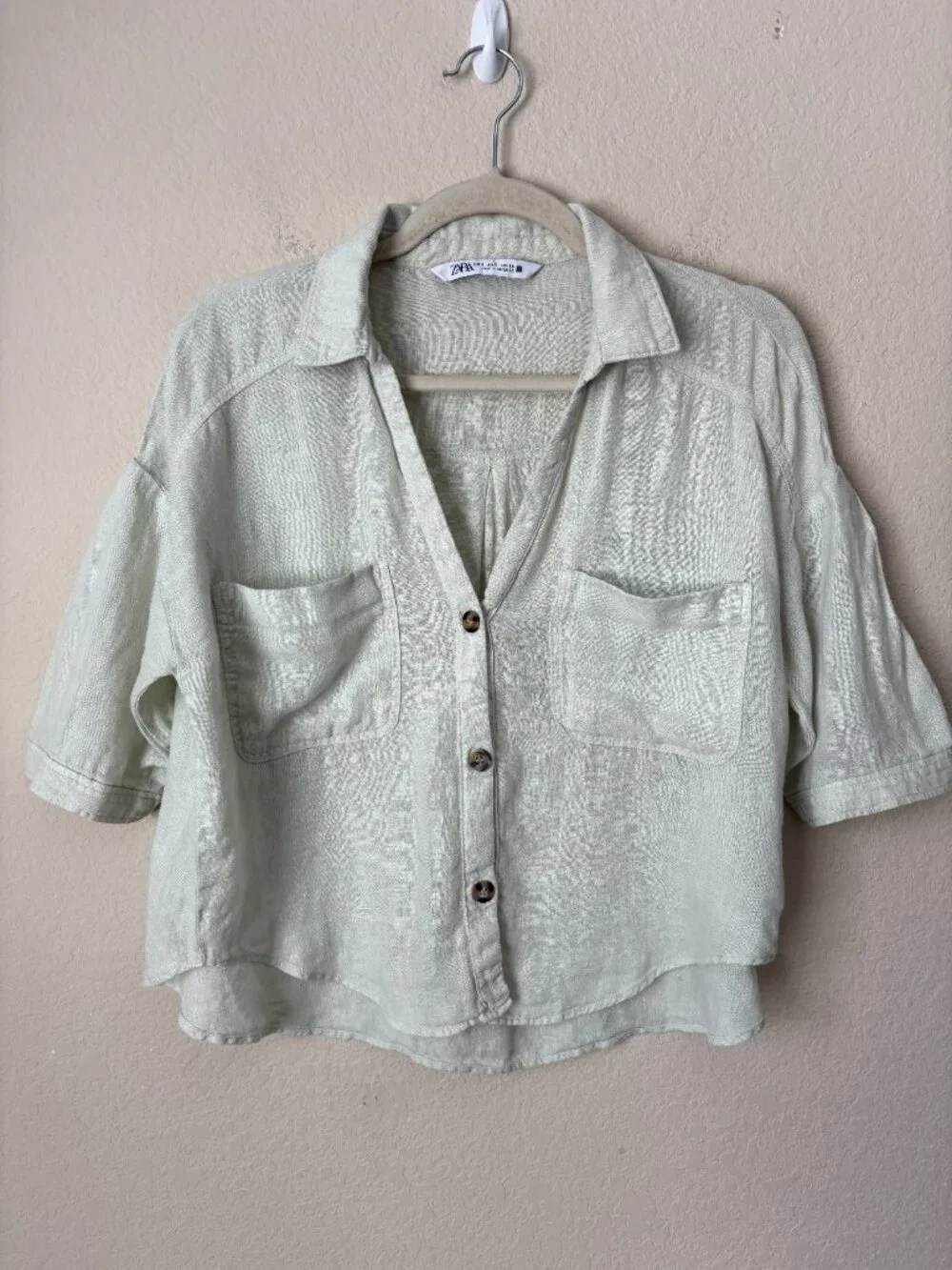 Zara Linen Button Up Boxy Cropped Pistachio Green Shirt - Picture 7 of 11